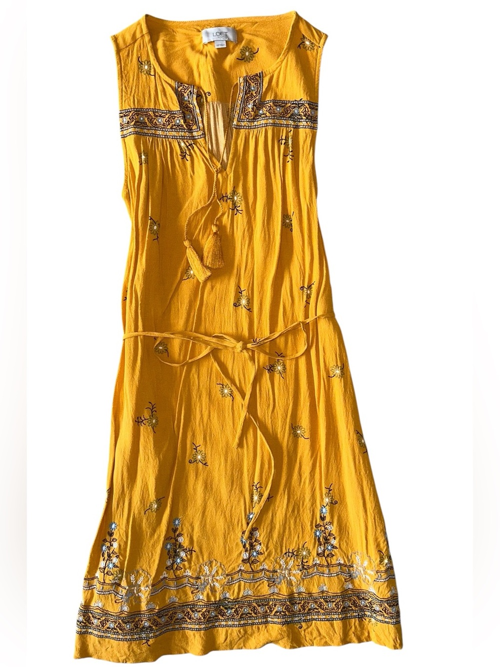 LOFT Yellow Embroidered Tassel Maxi Dress